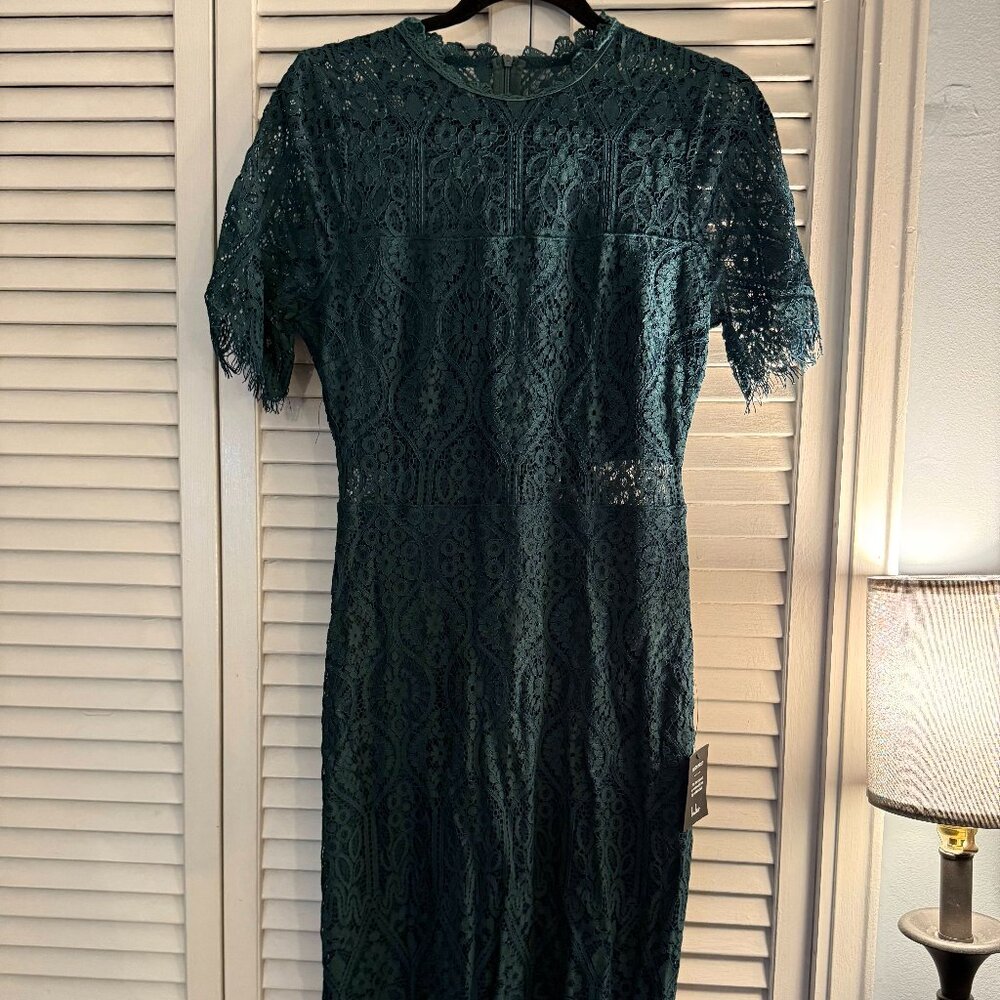 Lulus Remarkable Forest Green Sheer Lace Short Sleeve Mini Dress - Size M, NWT